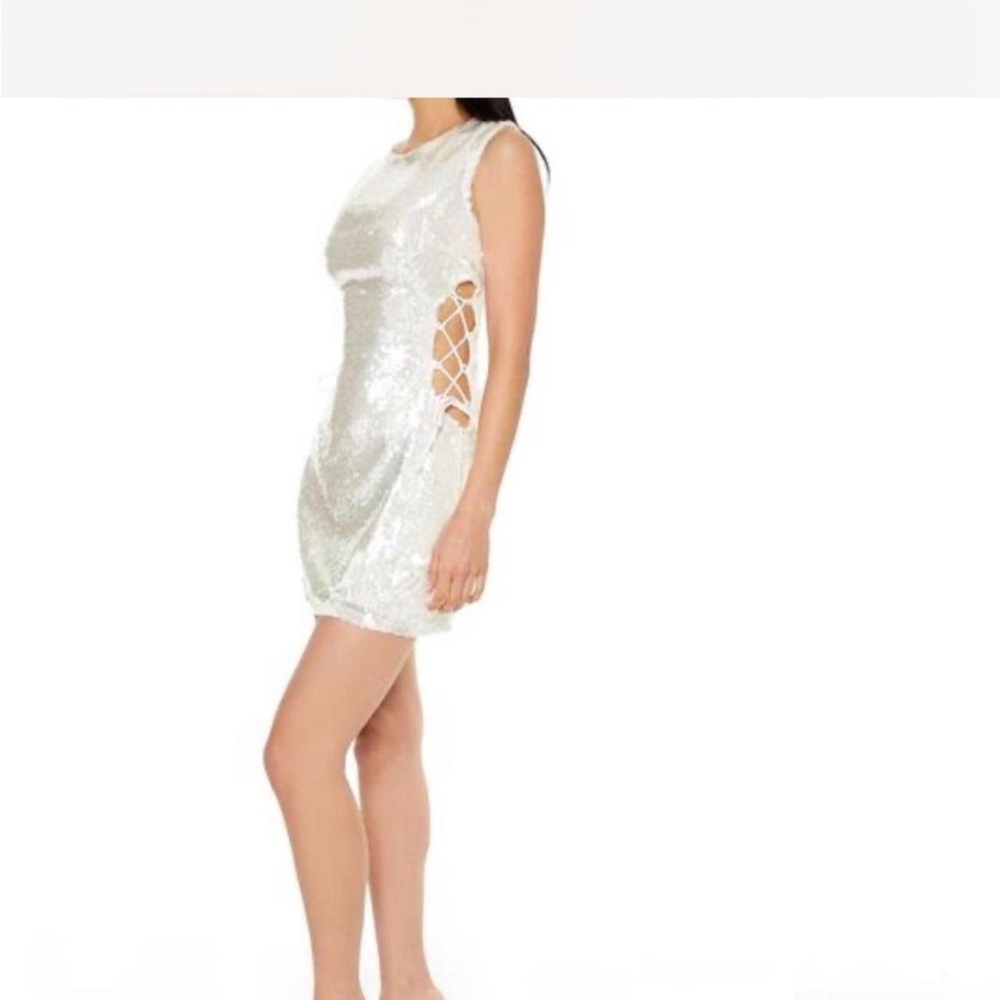 Sequin Lace-Up Side Mini Dress - White